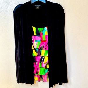 Black Cardigan with attached Colorful Blouse
